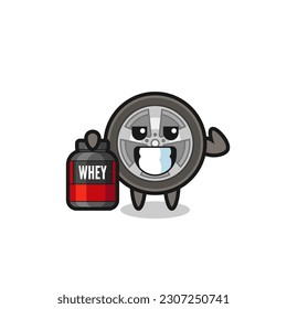 the muscular car wheel character is holding a protein supplement , cute style design for t shirt, sticker, logo element