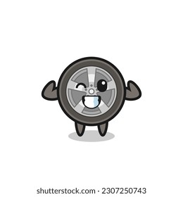 the muscular car wheel character is posing showing his muscles , cute style design for t shirt, sticker, logo element