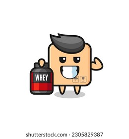 the muscular cardboard box character is holding a protein supplement , cute style design for t shirt, sticker, logo element