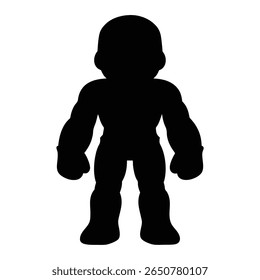 Uma silhueta de personagem de desenho animado muscular com uma cabeça oval e ombros