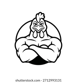 Frango de desenho muscular com expressão agressiva em preto e branco