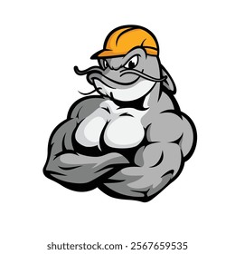 A muscular cartoon fish wearing a construction helmet with arms crossed