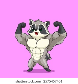 Muscular Cartoon Raccoon Flexing - Cute and Sporty Mascot Design