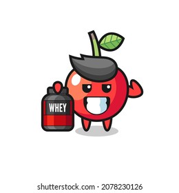 the muscular cherry character is holding a protein supplement , cute style design for t shirt, sticker, logo element