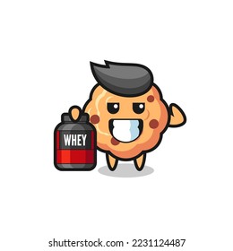 the muscular chocolate chip cookie character is holding a protein supplement , cute style design for t shirt, sticker, logo element