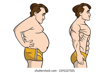 Muscular and chubby man, Weight loss concept, Man before and after weight loss, Diet and sport, Two characters fat and muscular man, Side view vector illustration, Healthcare illustration,