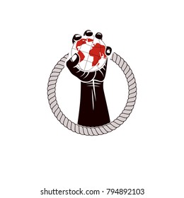 Muscular clenched fist of strong man surrounded by rope and holds Earth globe, vector illustration. Global authority as the means of political and social influence