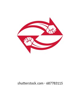 Muscular clenched fist vector emblem created in shape of arrow. Social revolution concept.