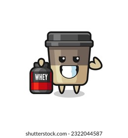 the muscular coffee cup character is holding a protein supplement , cute style design for t shirt, sticker, logo element