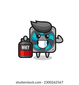 the muscular computer fan character is holding a protein supplement , cute style design for t shirt, sticker, logo element