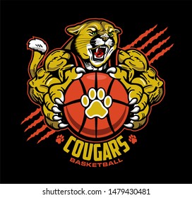 muscular cougars basketball team design with mascot player for school, college or league