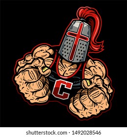 muscular crusader mascot with fists up for school, college or league