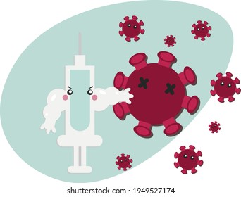 A muscular cute injection character is fighting the viruses.