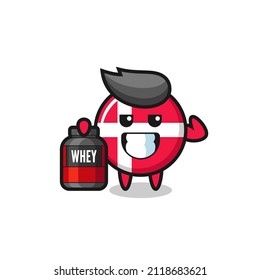 the muscular denmark flag badge character is holding a protein supplement , cute style design for t shirt, sticker, logo element