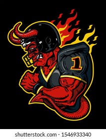 muscular devil football team player wearing helmet and flames for school, college or league