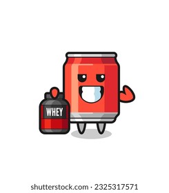 the muscular drink can character is holding a protein supplement , cute style design for t shirt, sticker, logo element