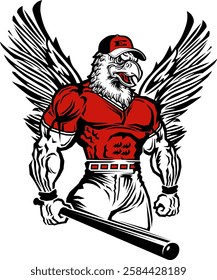 muscular eagle mascot wearing a baseball uniform for school, college or league sports