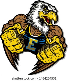 muscular eagle sports mascot with fists up for school, college or league