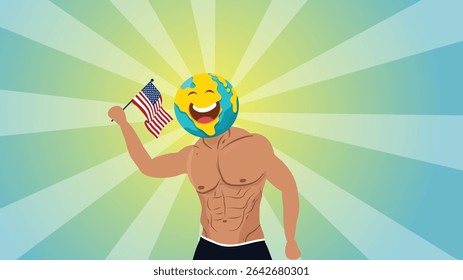 A muscular earth emoji smiling and holding a flag on radiant emoji day