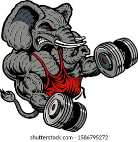 muscular elephant mascot lifting weights  for school, college or league