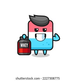 the muscular eraser character is holding a protein supplement , cute style design for t shirt, sticker, logo element