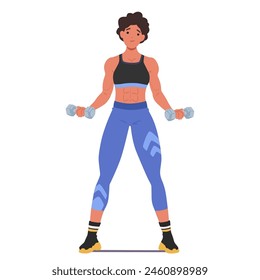 Muscular Female Bodybuilder Confidently Lifting Dumbbells, Dressed In Sports Bra And Leggings. Woman Embodies Strength And Determination with Toned Abs And Powerful Stance Inspire Fitness And Wellness