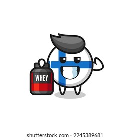the muscular finland flag badge character is holding a protein supplement , cute style design for t shirt, sticker, logo element