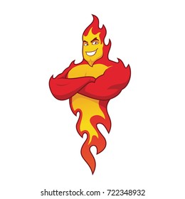 Muscular fire flame cartoon character with arms crossed