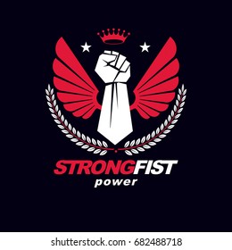 Muscular fist of a strong man vector illustration made with eagle wings, pentagonal star and laurel wreath. King of the boxing ring concept.