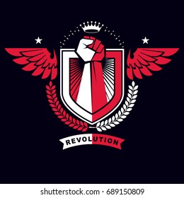 Muscular fist of a strong man vector illustration made with eagle wings, pentagonal star and laurel wreath. King of the boxing ring concept.