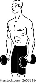 A muscular and fit shirtless man holding two dumbbells. Minimalist line art illustration of a bodybuilder with a toned physique and abs.