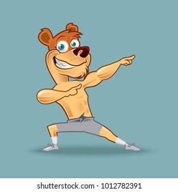 Muscular Fitness Bear Character Doing Some Pointing Poses. Animal Vector EPS10 Illustration. Smart Gym Mascot
