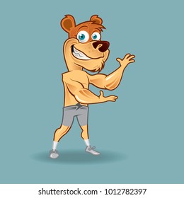 Muscular Fitness Bear Character Doing Some Presenting Poses. Animal Vector EPS10 Illustration. Smart Gym Mascot