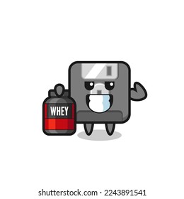 the muscular floppy disk character is holding a protein supplement , cute style design for t shirt, sticker, logo element