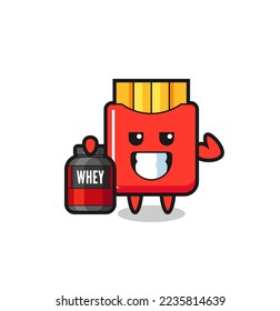 the muscular french fries character is holding a protein supplement , cute style design for t shirt, sticker, logo element