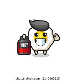 the muscular fried egg character is holding a protein supplement , cute style design for t shirt, sticker, logo element