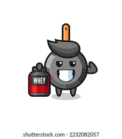 the muscular frying pan character is holding a protein supplement , cute style design for t shirt, sticker, logo element