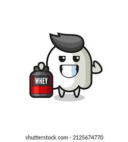 the muscular ghost character is holding a protein supplement , cute style design for t shirt, sticker, logo element