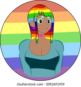 Muscular girl with hair color in the shape of a rainbow. In the background is a circle with "LGBT" colors.