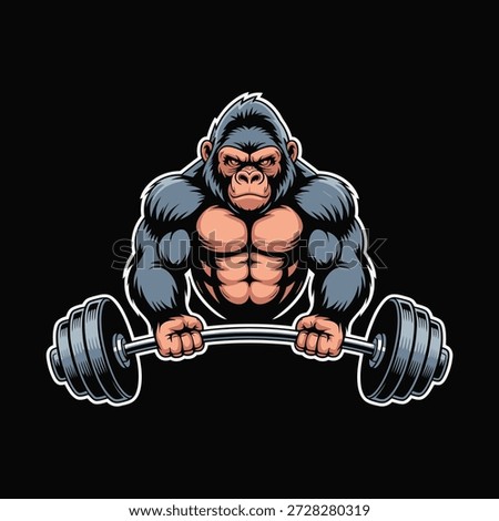 Muscular gorilla lifting dumbbell weights in a gym strong primate exercising icon