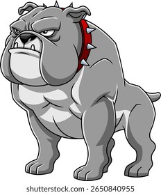 Muscular Gray Bulldog Cartoon Character Standing With Angry Face – Vector Hand Drawn Illustration Isolated On Transparent Background