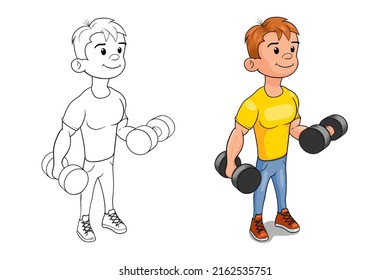 Muscular guy with dumbbells is engaged in fitness. Vector illustration in cartoon style.