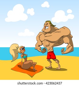 Muscular guy on the beach trying to seduce a hot looking girl. Macho man.