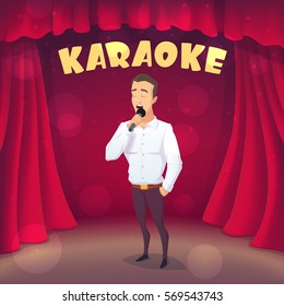 Muscular Guy Singing Karaoke On Scene. Cartoon Style. Vector Illustration