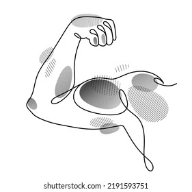 Muscular hand of bodybuilder showing strong biceps vector linear illustration isolated, fitness and gym sport theme drawing.