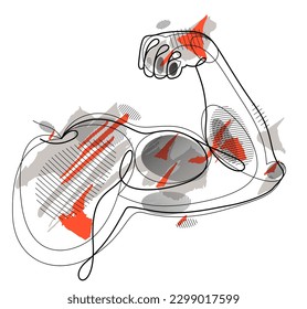 Muscular hand of bodybuilder showing strong biceps vector linear illustration isolated, fitness and gym sport theme drawing.