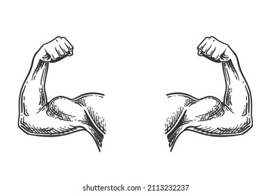 Muscular hands arms of strong man bodybuilder sketch engraving vector illustration. Bodybuilder muscle flex arm. Strong macho biceps.