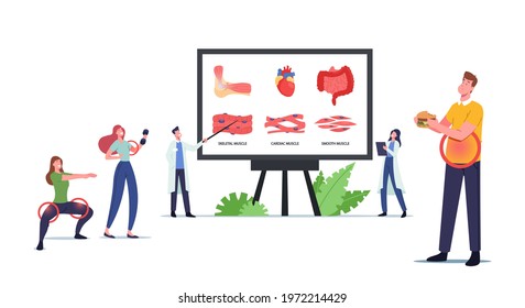 Muscular Health, Medicine Concept. Tiny Characters at Huge Board with Infographics Presenting Skeletal, Cardiac and Smooth Muscles. People Healthy and Unhealthy Lifestyle. Cartoon Vector Illustration