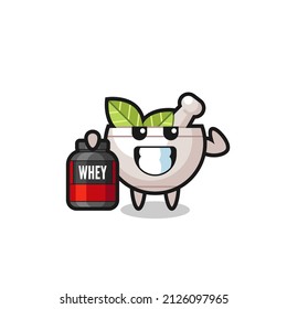 the muscular herbal bowl character is holding a protein supplement , cute style design for t shirt, sticker, logo element