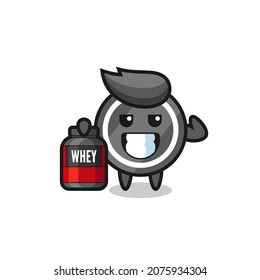 the muscular hockey puck character is holding a protein supplement , cute style design for t shirt, sticker, logo element